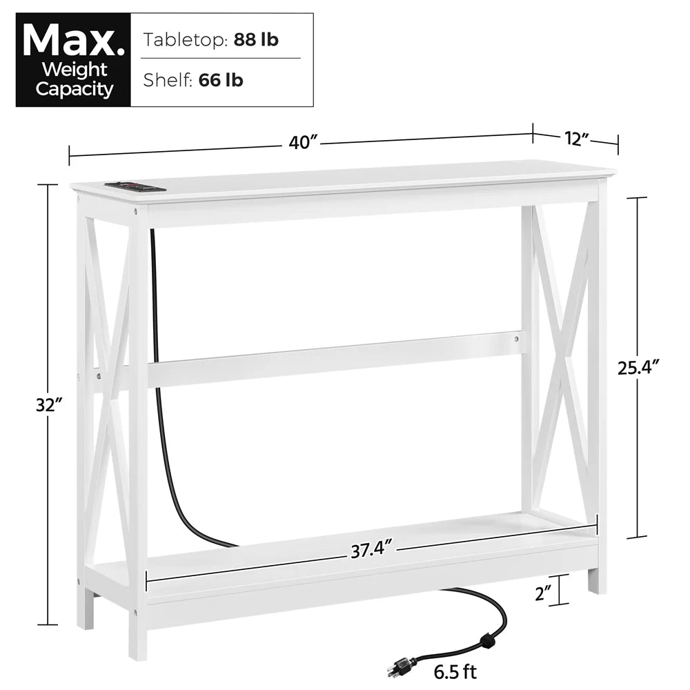 White 2-Tier Wooden Console Table with Power Outlet A4123