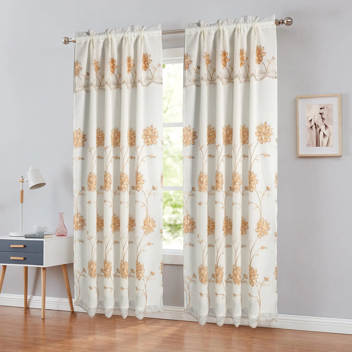 Floral Embroidered Rod Pocket Panel with Attached Valance 54x90 Inches Orange P49874