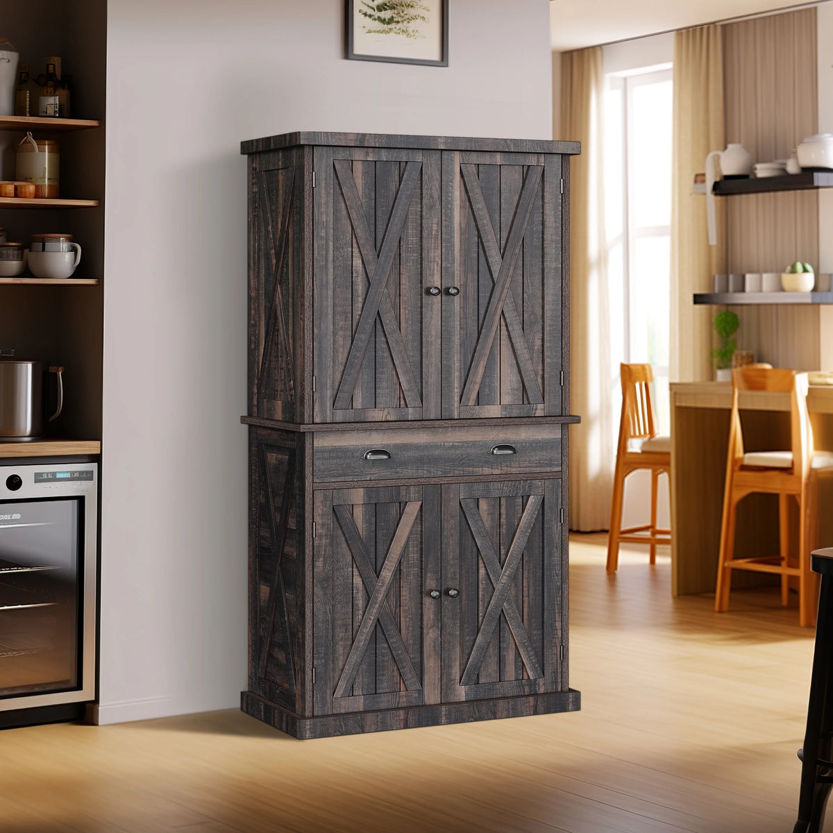 72" 4 Door 6-Tier Rustic Oak Kitchen Pantry Storage Cabinet T60680