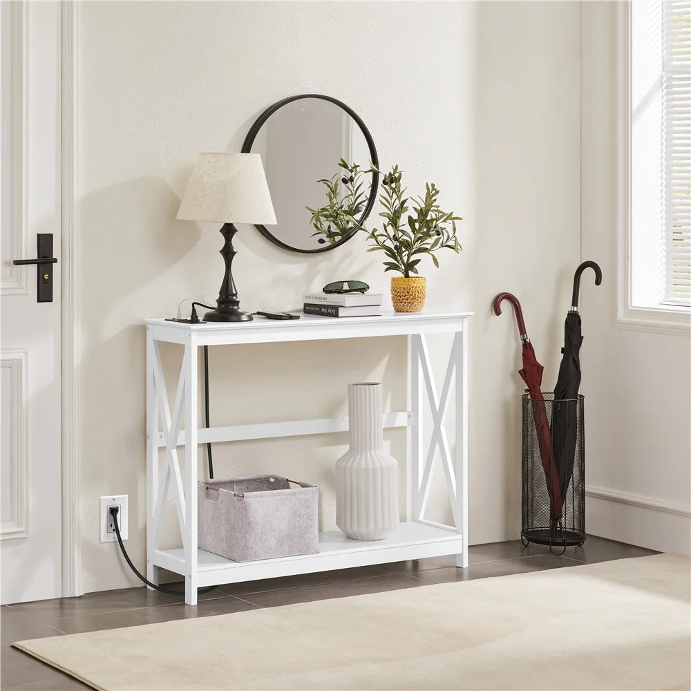 White 2-Tier Wooden Console Table with Power Outlet A4123
