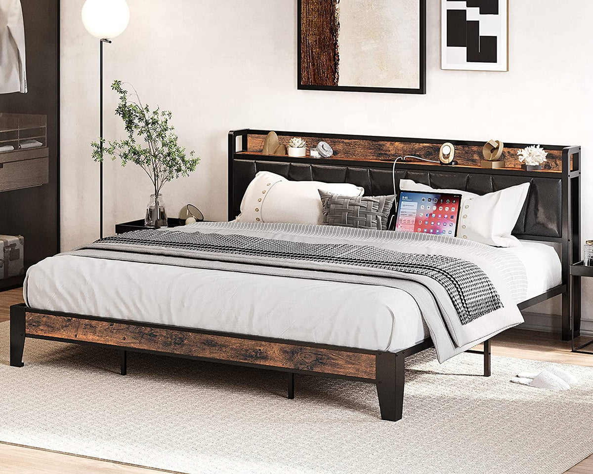 King Metal Bed Frame with Black Storage Headboard L744209