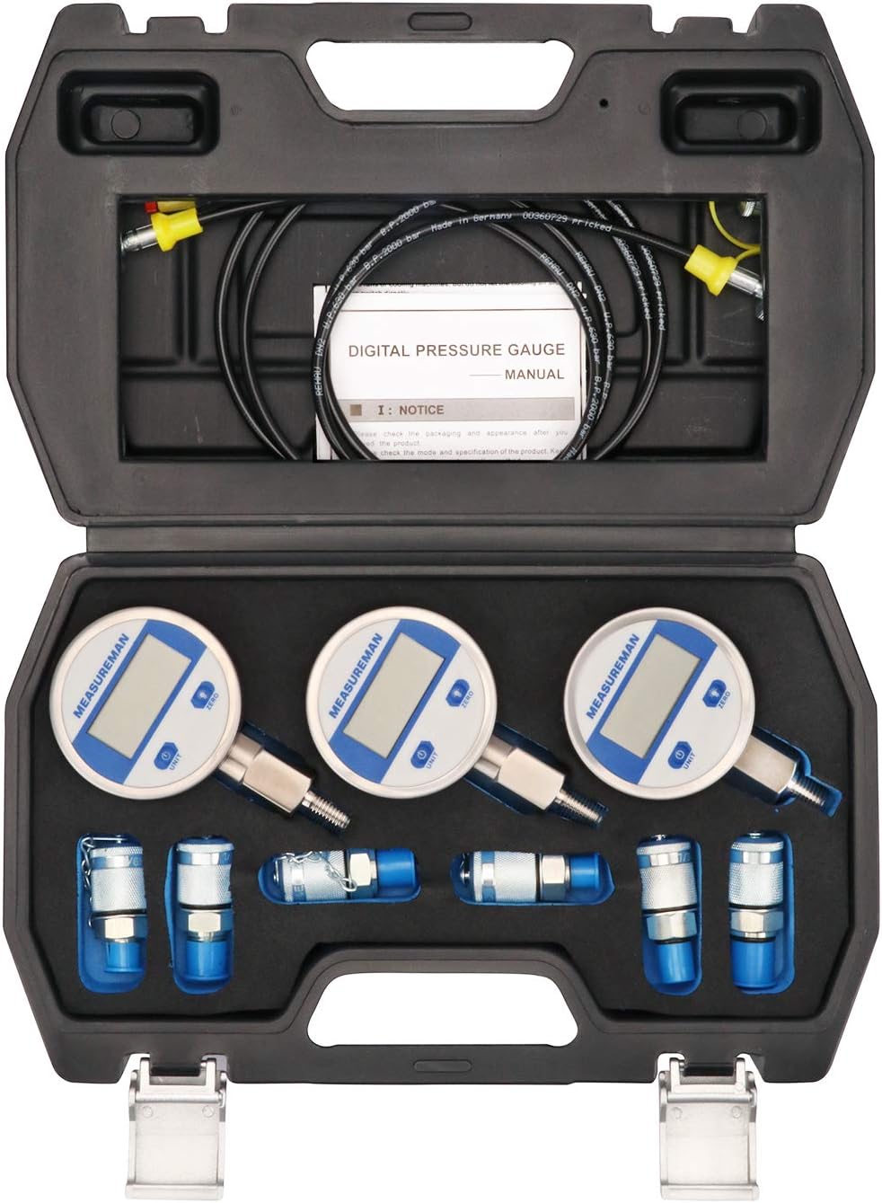 Excavator Hydraulic Digital Pressure Test Coupling Kit, 6 Couplings, 3 Gauges, 2 Hoses K112329
