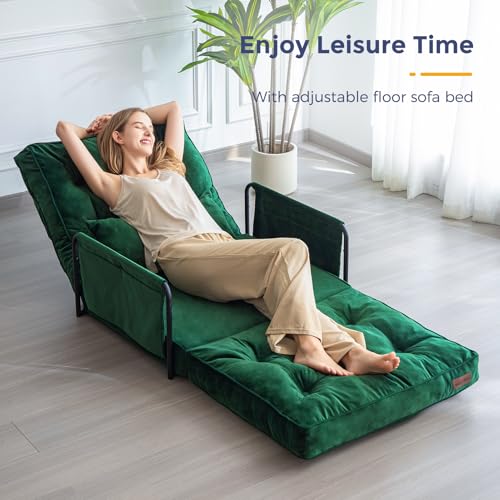 Green Velvet Convertible Floor Sofa Bed with 2 Pillows M5366