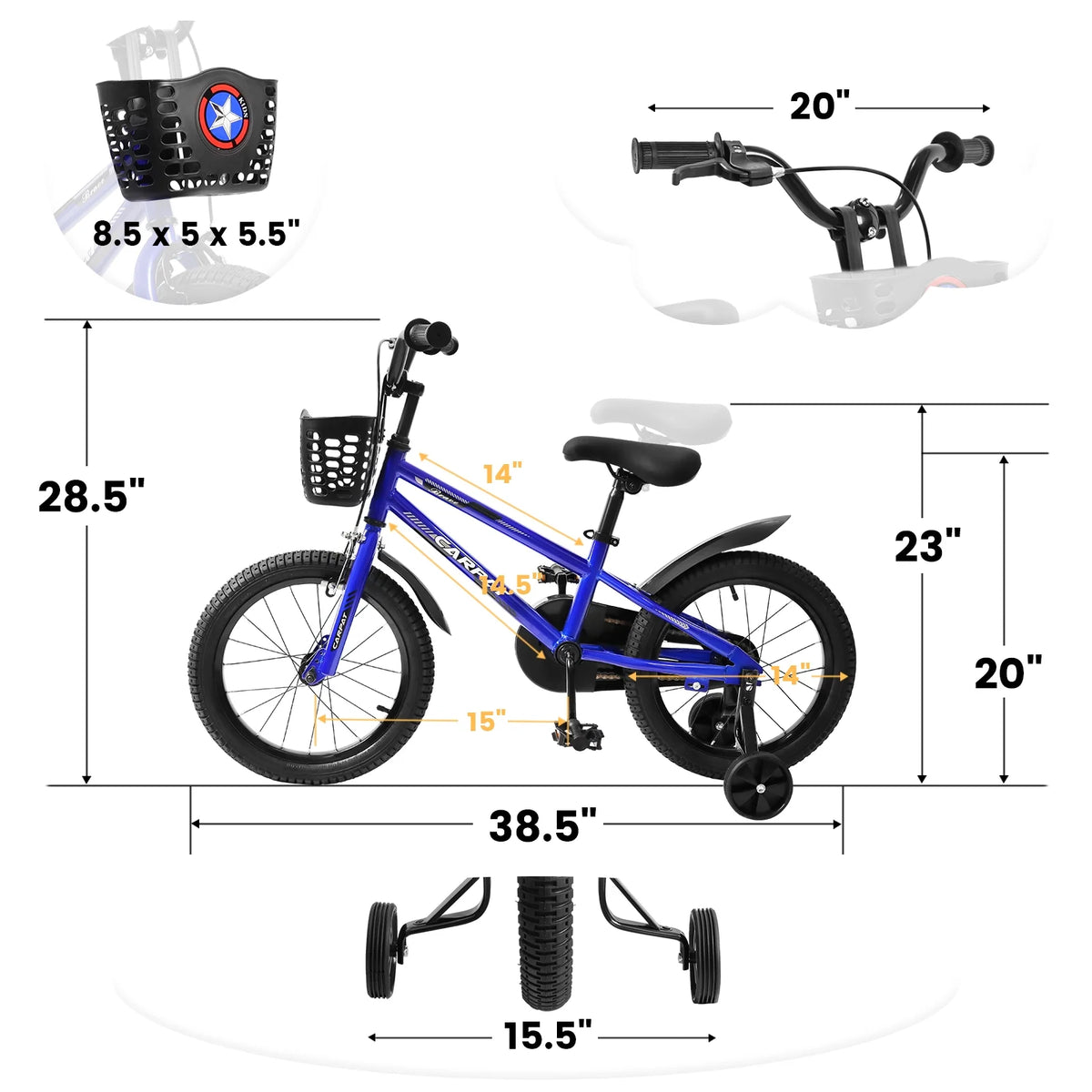 14 Inch Kids Bike with Training Wheels and Basket, White E27474