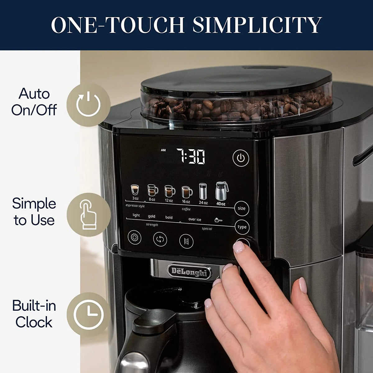 Drip Coffee Maker with Built In Grinder, 8 oz to 24 oz, 40 oz Carafe B556