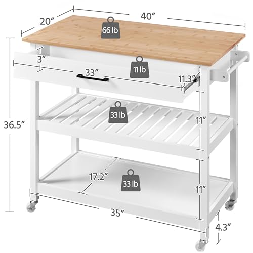 White 3-Tier Rolling Kitchen Island Cart with Bamboo Tabletop X906264