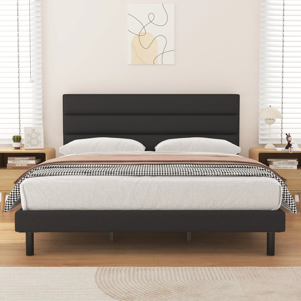 King Size Wingback Fabric Upholstered Platform Bed Frame F536418