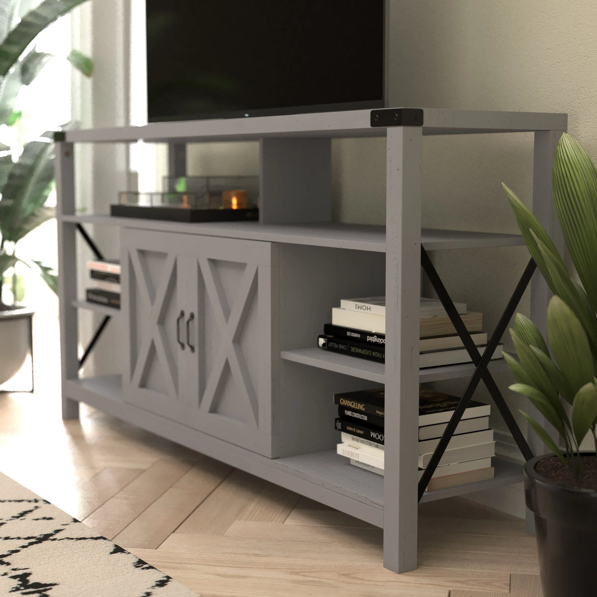 Coastal Gray TV Stand with Adjustable Shelf and Storage K582