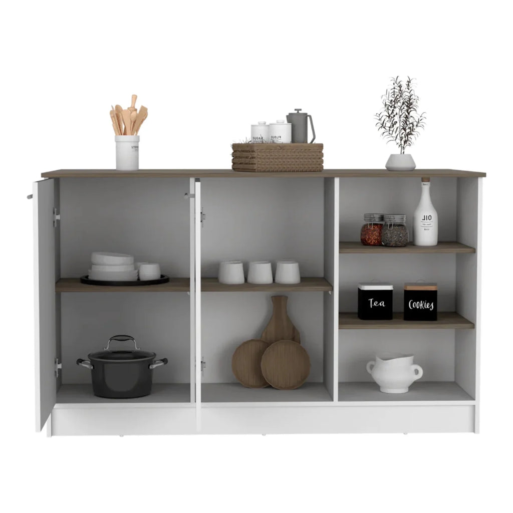 White Dark Brown Kitchen Island with Two Cabinets and Three Open Shelves H42784