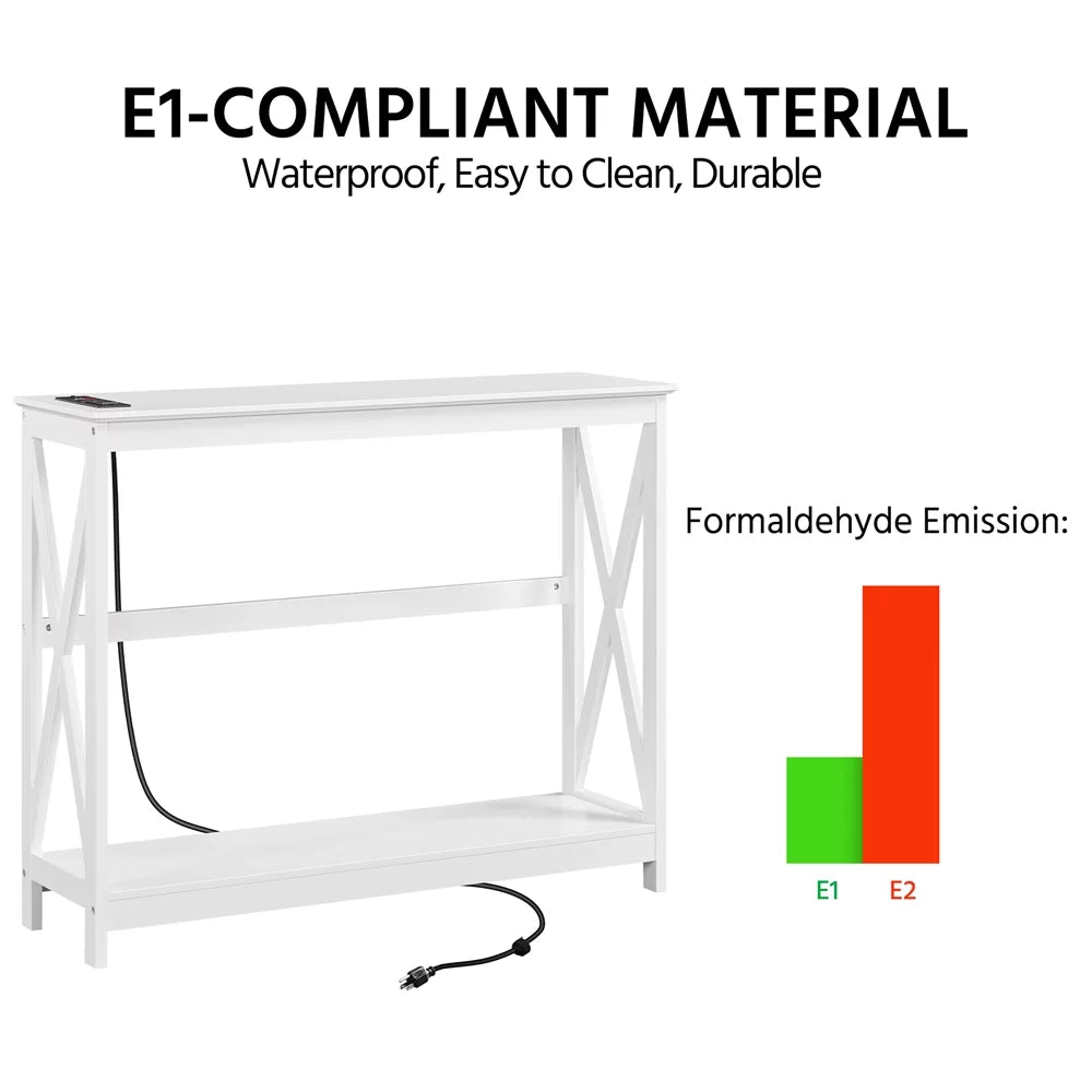 White 2-Tier Wooden Console Table with Power Outlet A4123