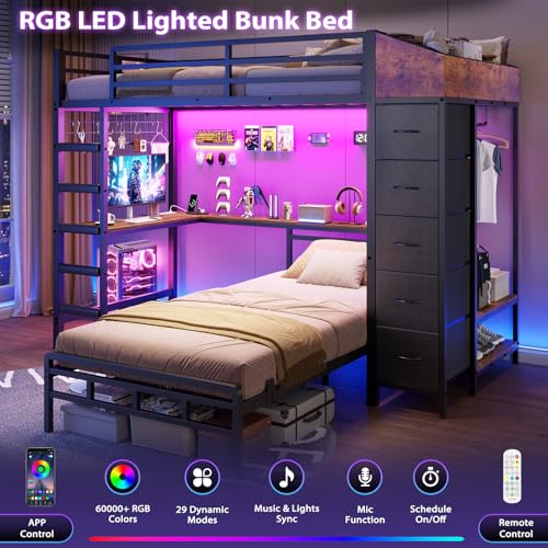 Twin Over Twin L-Shaped Bunk Bed with Desk, 5 Storage Drawers, Guardrail & Stairs, Black D382952