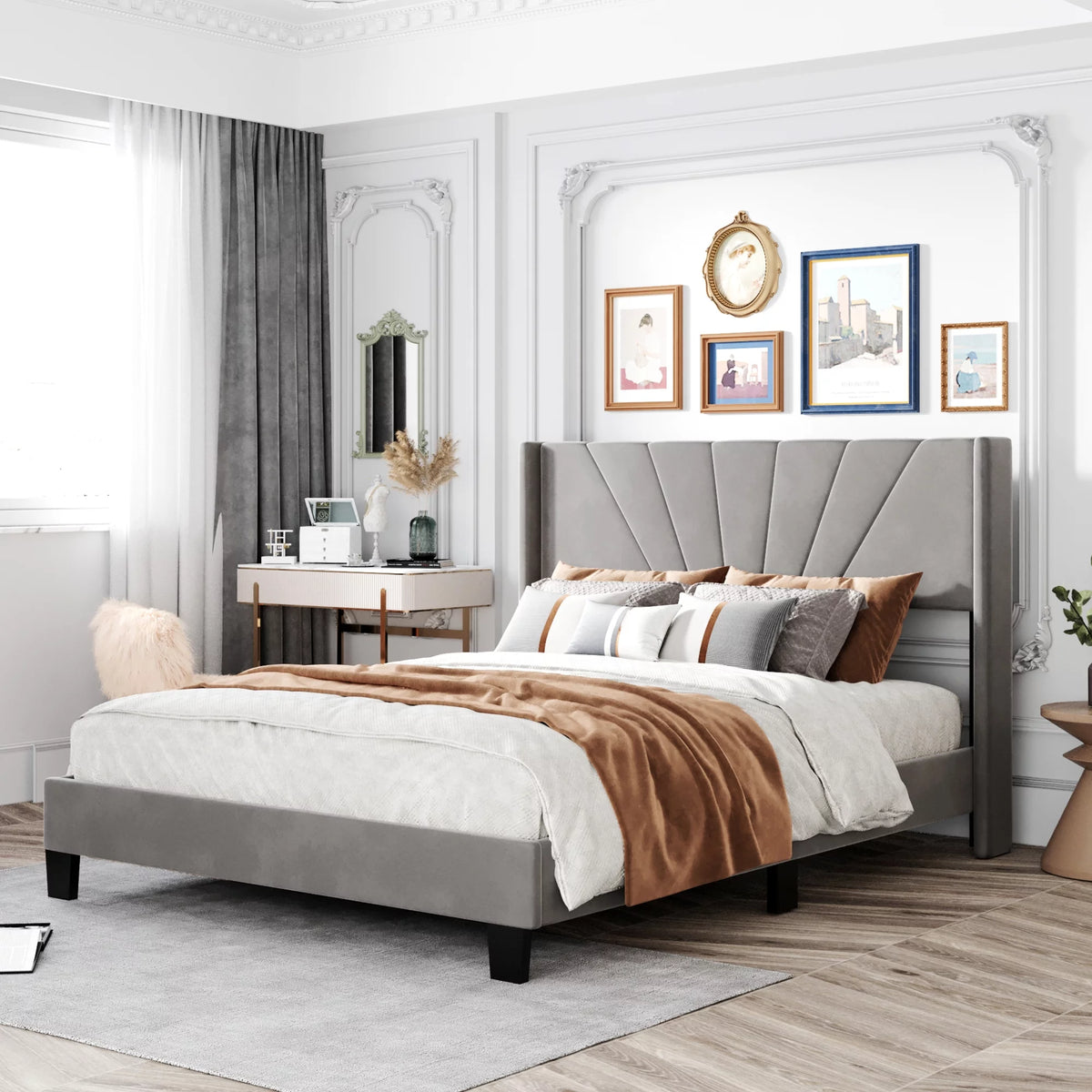 Queen Velvet Upholstered Platform Bed Frame with Headboard T1754