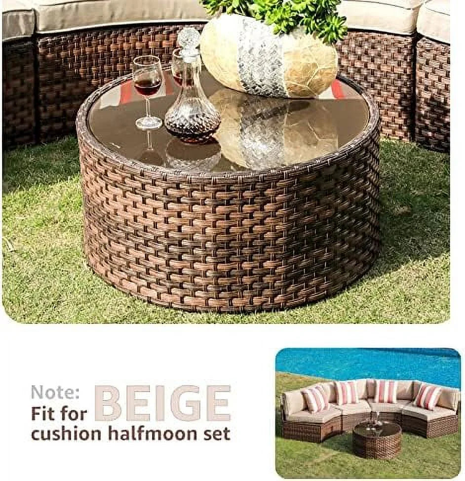 Round Outdoor Coffee Table with Tempered Glass Top Brown V174