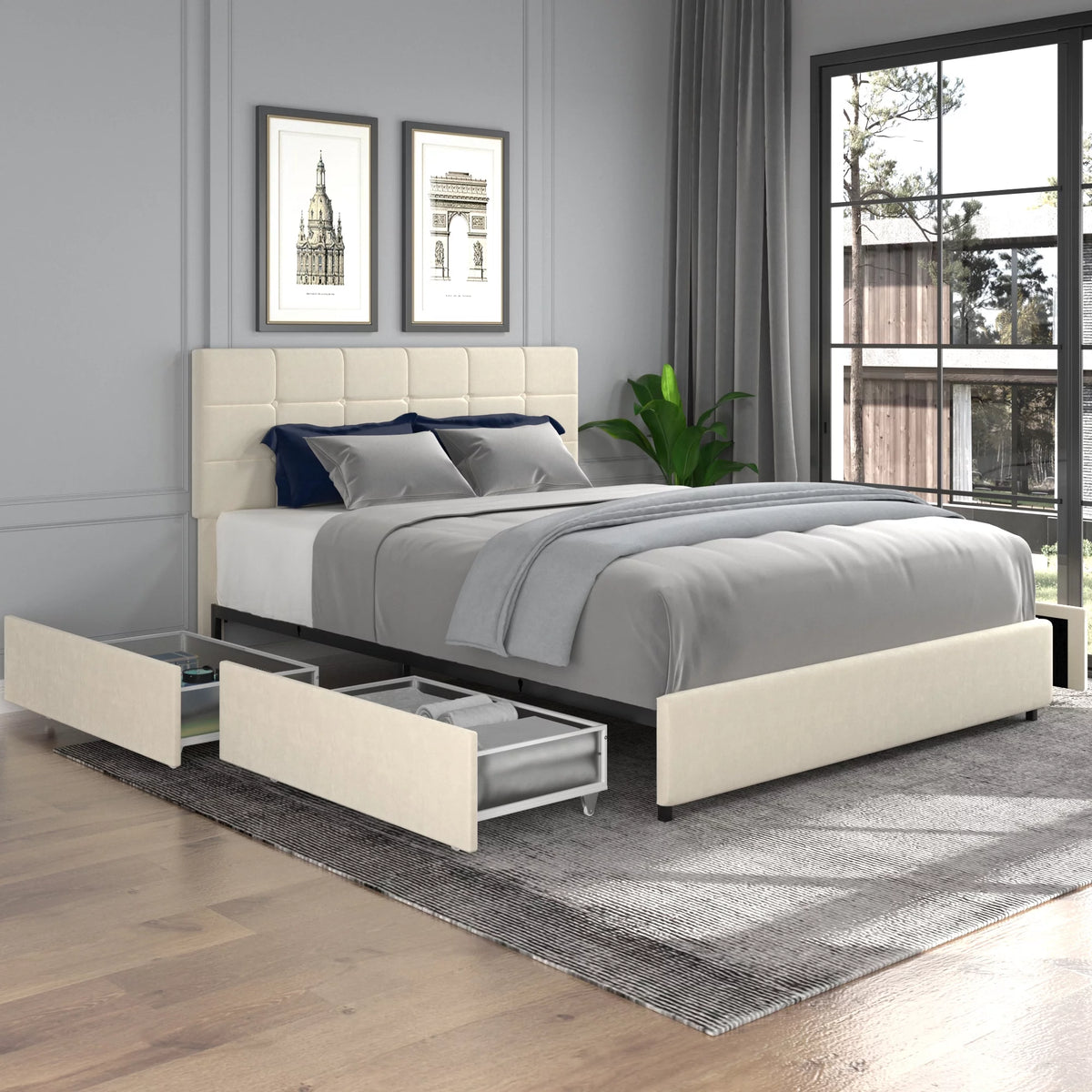 Queen Size Velvet Upholstered Platform Bed with Headboard and 4 Drawers S6838