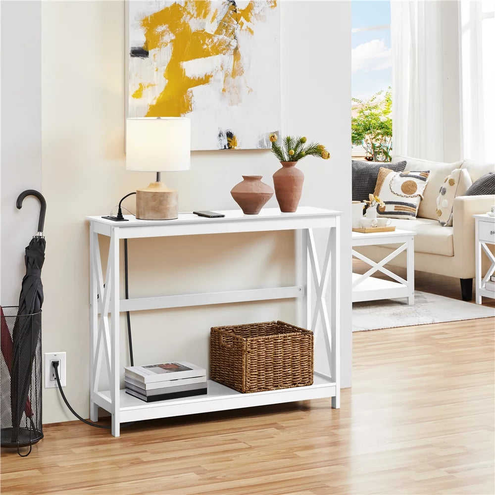 White 2-Tier Wooden Console Table with Power Outlet A4123