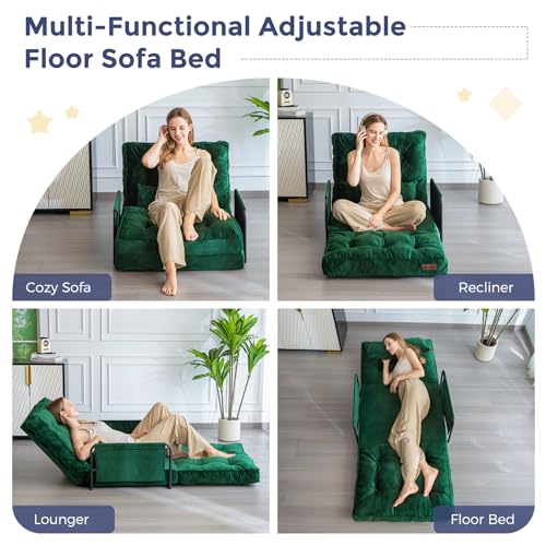 Green Velvet Convertible Floor Sofa Bed with 2 Pillows M5366