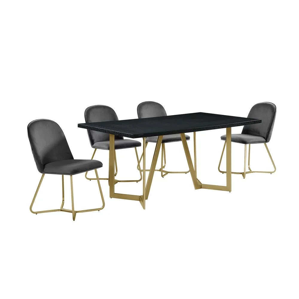 5pc Black Wood Dining Table with 4 Dark Grey Velvet Chairs V381