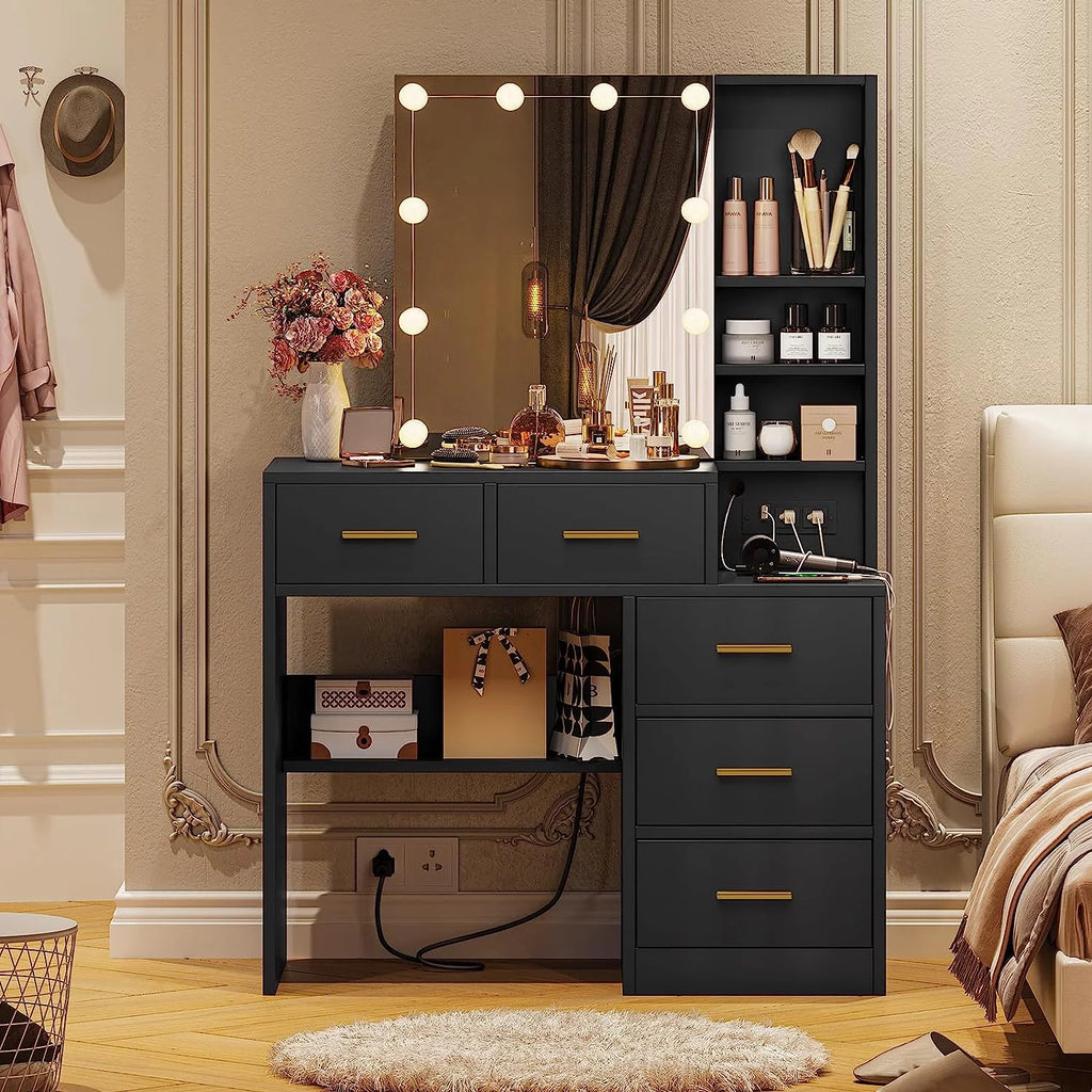 Black Vanity Table with Sliding Mirror and LED Lights J56592