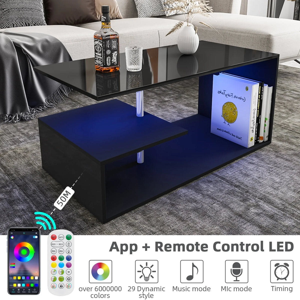 High Gloss Coffee Table with Open Shelf LED Lights White S Shaped Y2252