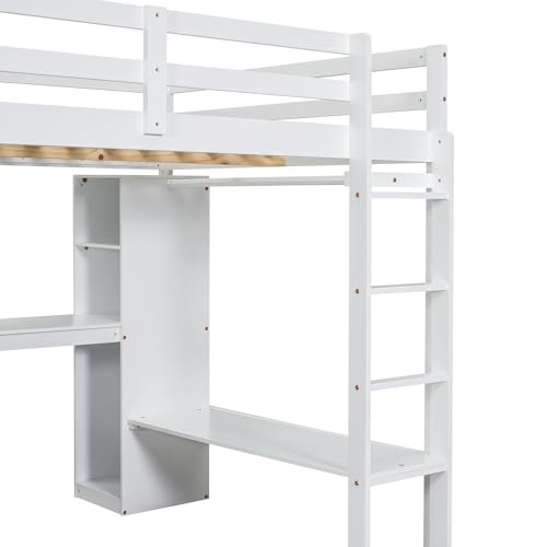 Full Size White Pine Wood Loft Bed with L Shaped Desk and Wardrobe P659174