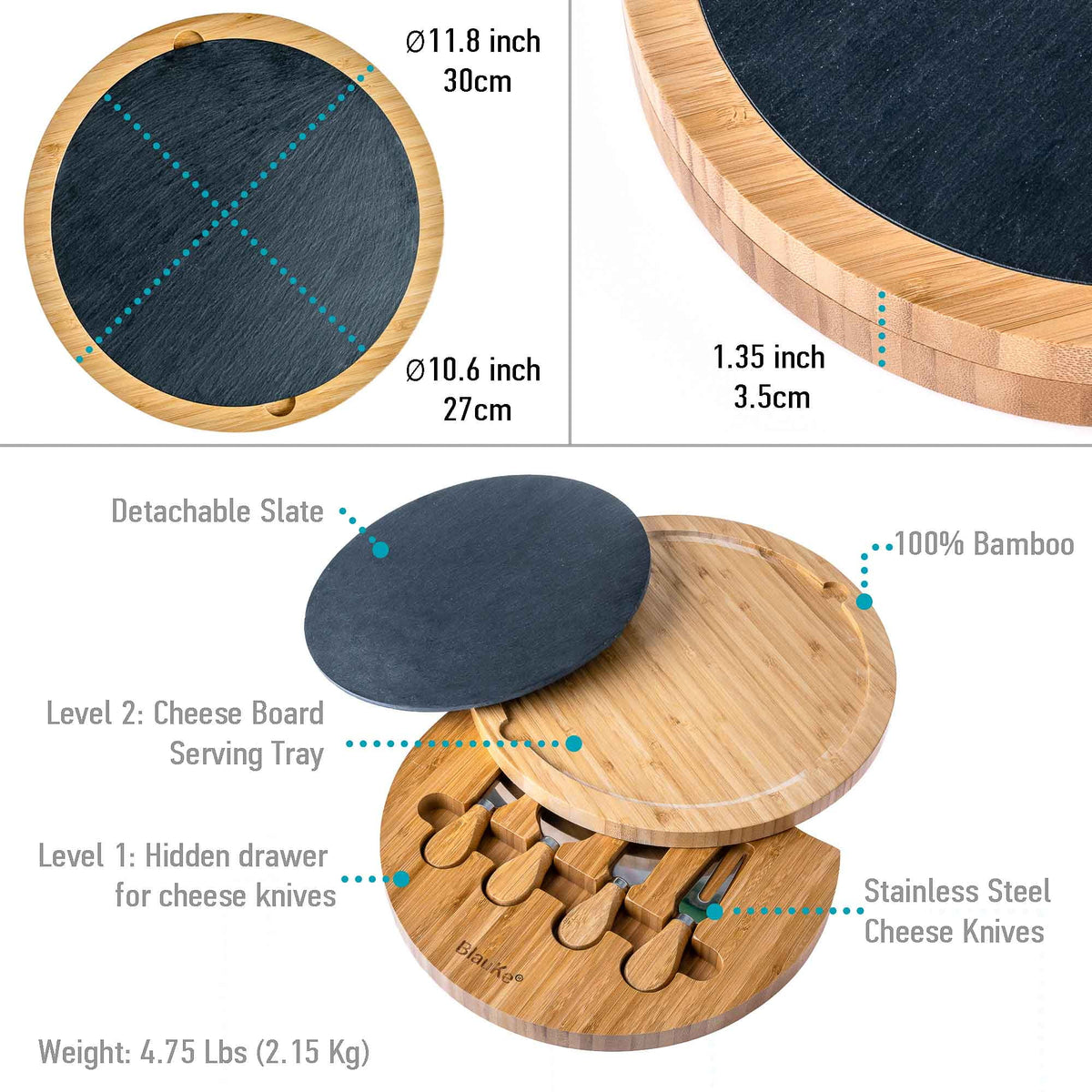 Bamboo Cheese Board with Knife Set and Slate C827