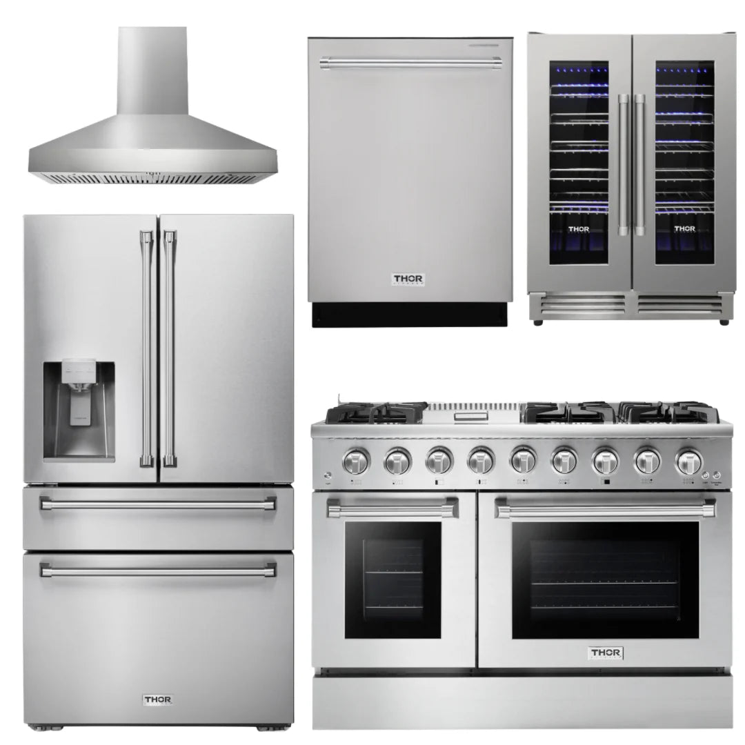 48 Gas Range, Range Hood, Refrigerator with Water and Ice Dispenser, Dishwasher, Wine Cooler K6322
