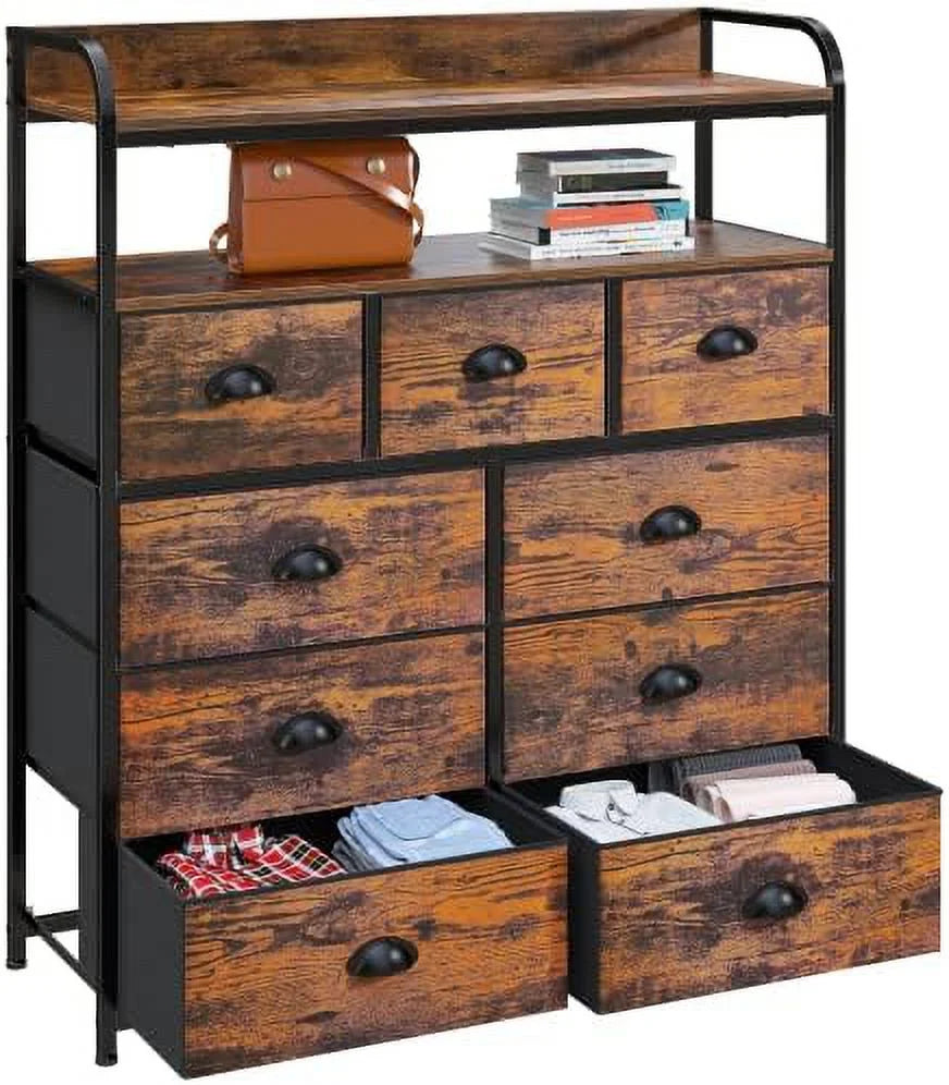 Rustic Brown 9 Drawer Dresser with 2 Shelves K5794