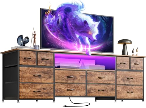 63 Inch 12 Drawer Dresser TV Stand with LED Lights and Power Outlets N8566