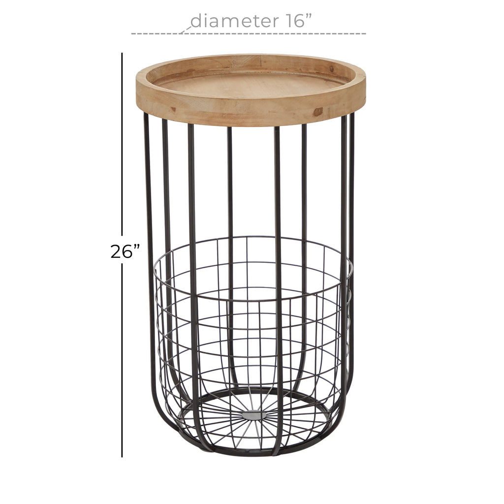 16" x 26" Black Metal Accent Table with Brown Wood Top and Wire Basket Storage L127