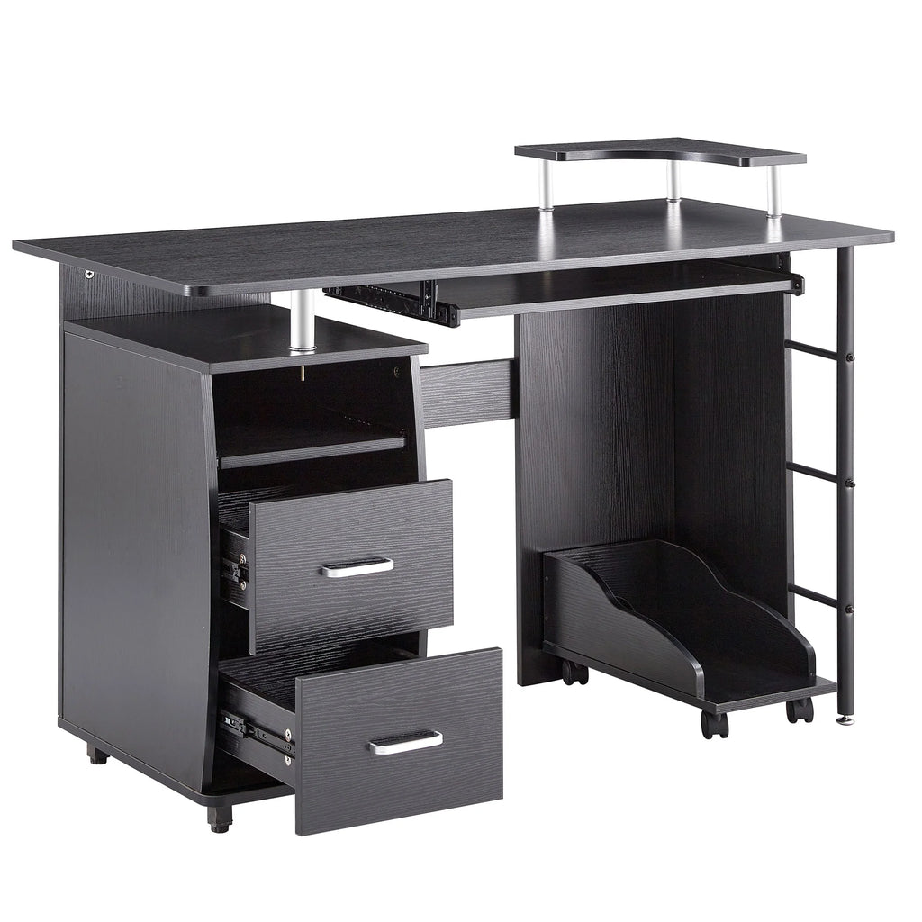 Black Single Solid Wood Computer Desk with Storage Shelves and File Cabinet B8476
