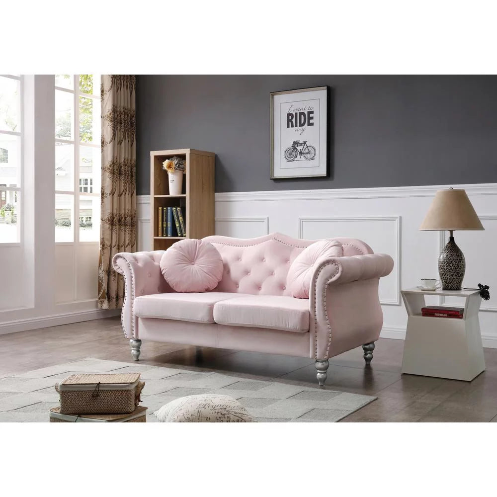 Pink Velvet Chesterfield Loveseat with 2-Throw Pillow Q528846
