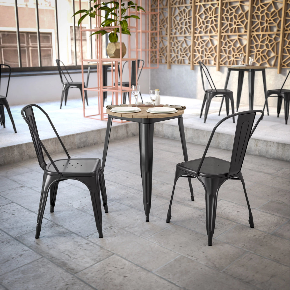Commercial Grade Indoor/Outdoor Dining Table, Brown Poly Resin Top with Black Steel Base S255