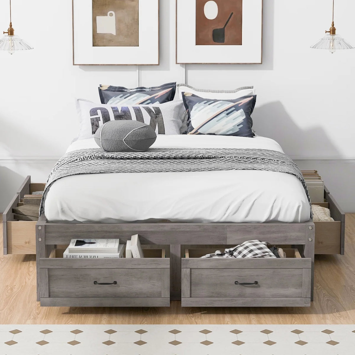 Full Size Wood Captain Bed with 6 Storage Drawers O175
