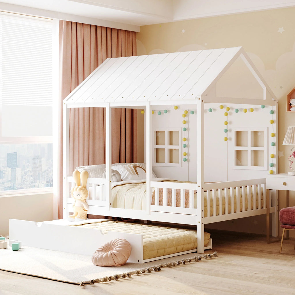 Full Size Wood House Bed with Twin Size Trundle C614