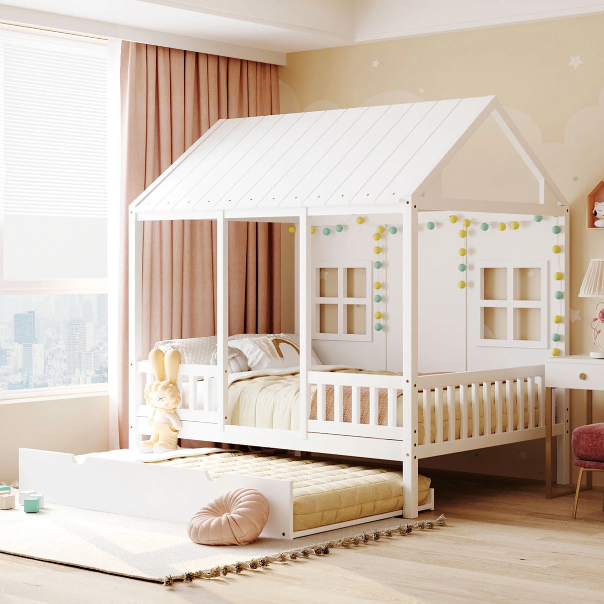 Full Size Wood House Bed with Twin Size Trundle C614