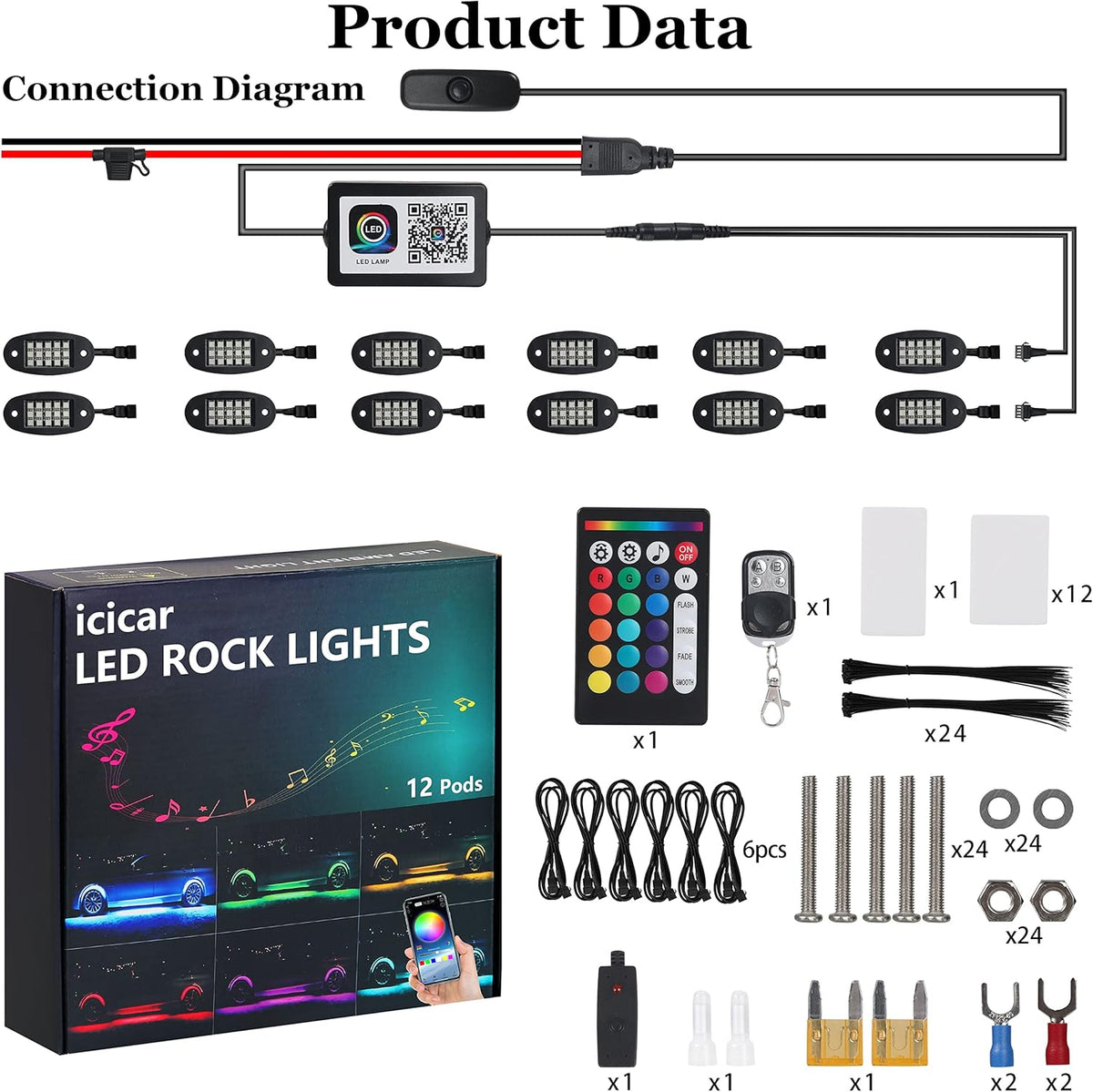 LED Rock Lights, 180 LEDs RGB IP68 Waterproof (12 Pods) S64608