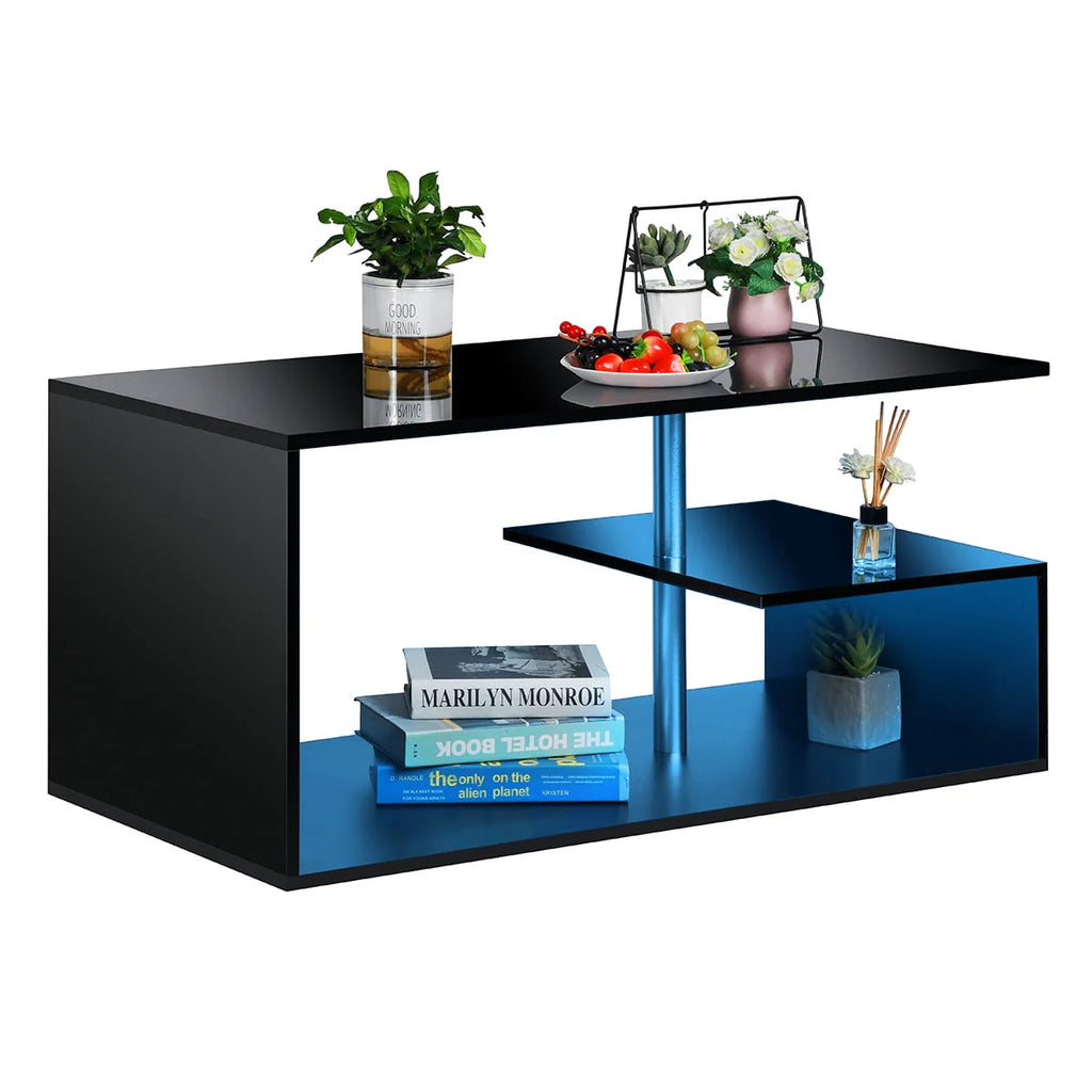 High Gloss Coffee Table with Open Shelf LED Lights White S Shaped Y2252