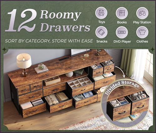 63 Inch 12 Drawer Dresser TV Stand with LED Lights and Power Outlets N8566