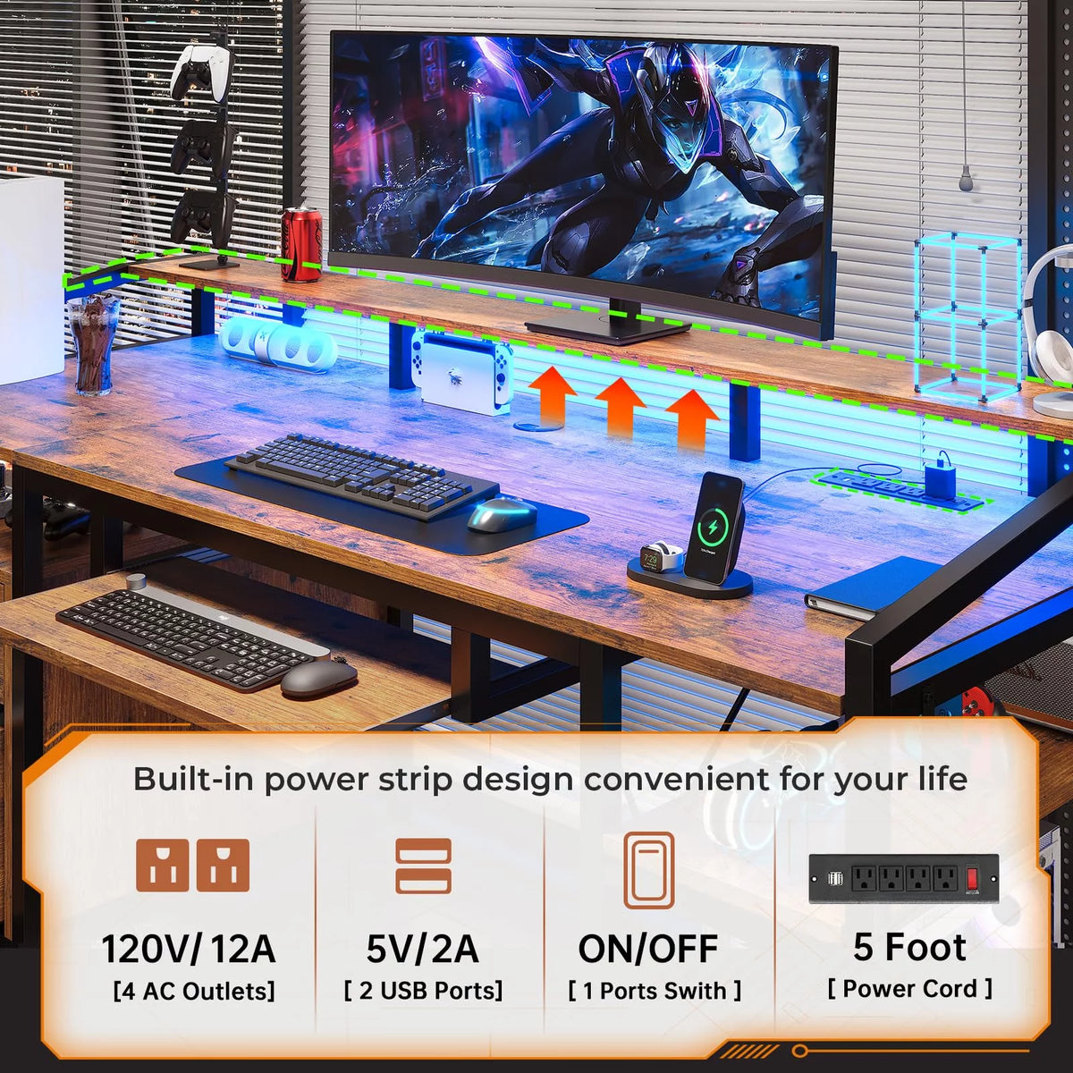 Computer Desk with LED Light and Power Outlet, 63 inches Gaming Desk with Lock Drawers P28089