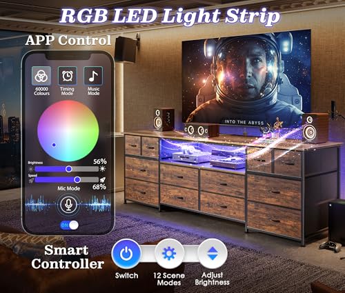 63 Inch 12 Drawer Dresser TV Stand with LED Lights and Power Outlets N8566