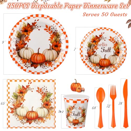 350 Pcs Fall Paper Plates Napkins Cups Disposable Tableware Set M66209