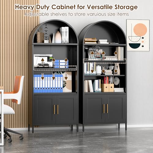 73 in Tall Black 5-Tier Metal Arched Bookcase with Doors A2238