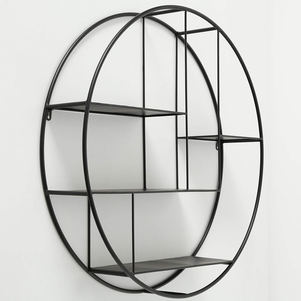 Round Metal Wall Shelf, 4 Levels, Black Iron, 29 Inches Diameter R358