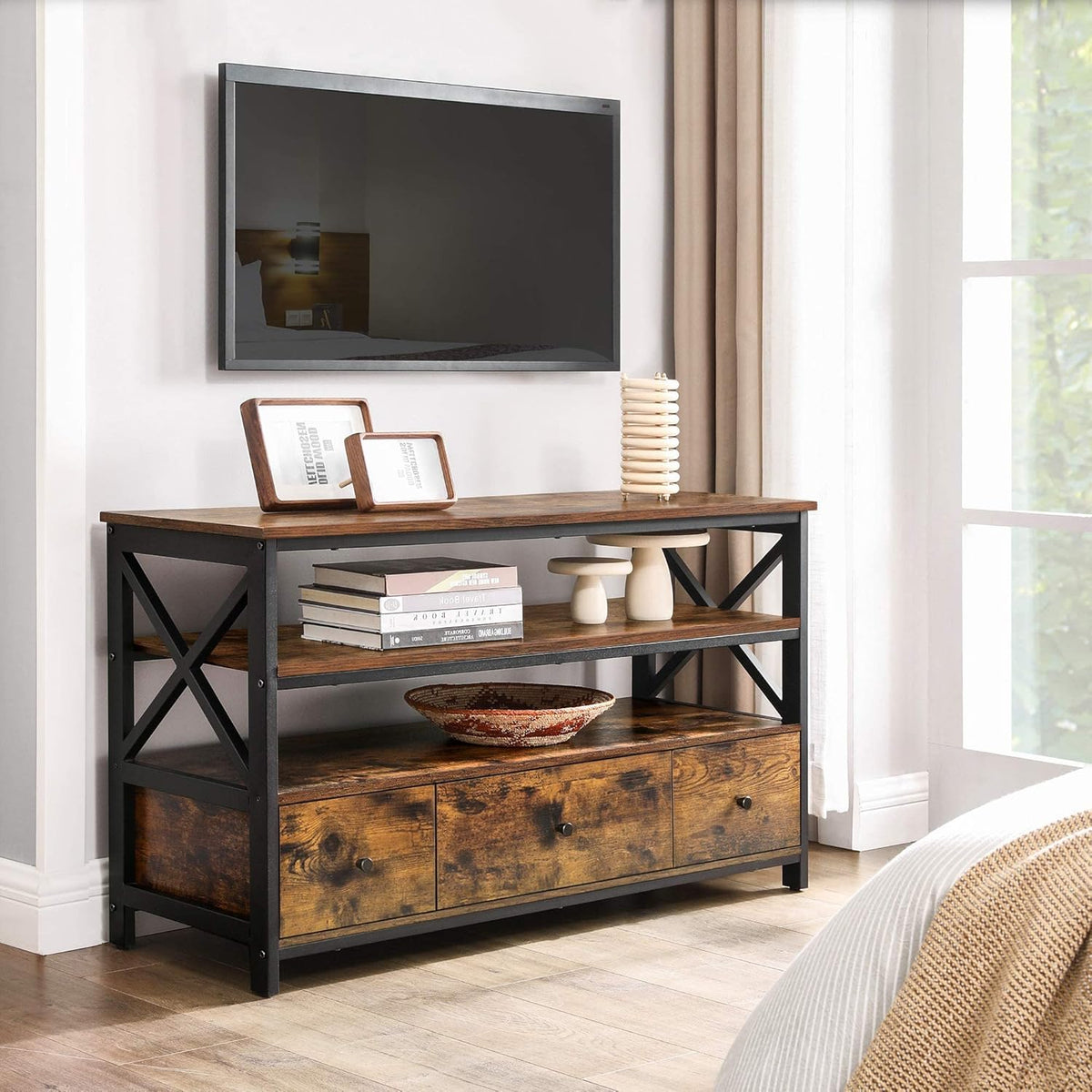 Rustic TV Media Stand with Open Storage Shelves W168