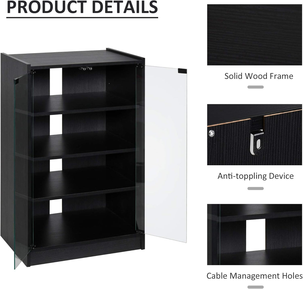 Black 5-Tier Media Stand Cabinet with Tempered Glass Doors A38033