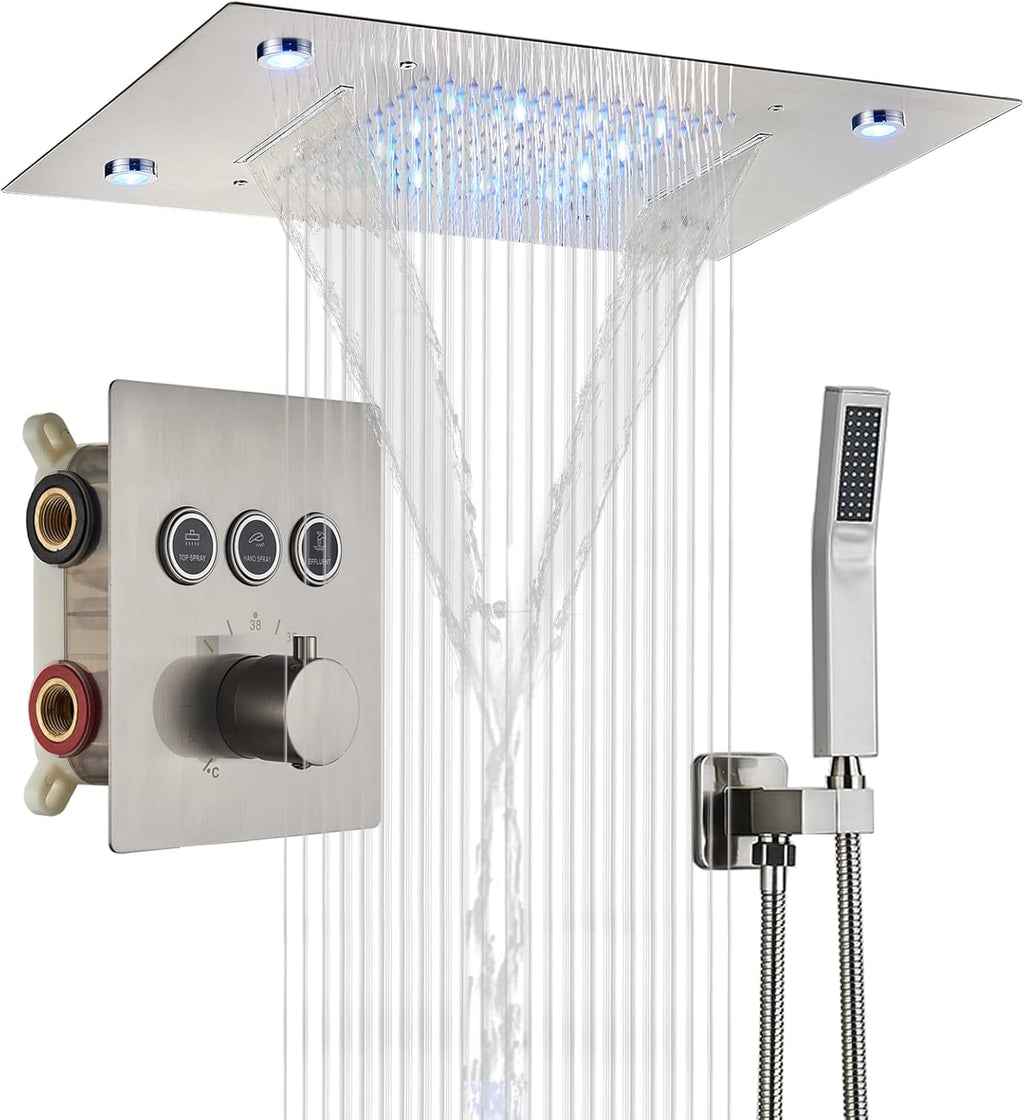 3 Functions Thermostatic Rain Shower Set with LED Shower Head Brushed Nickel Q3583