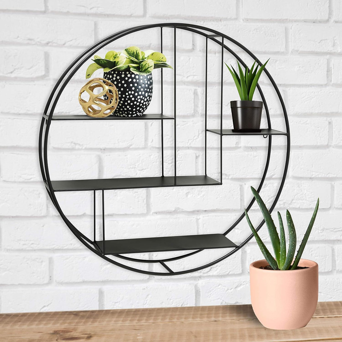Round Metal Wall Shelf, 4 Levels, Black Iron, 29 Inches Diameter R358