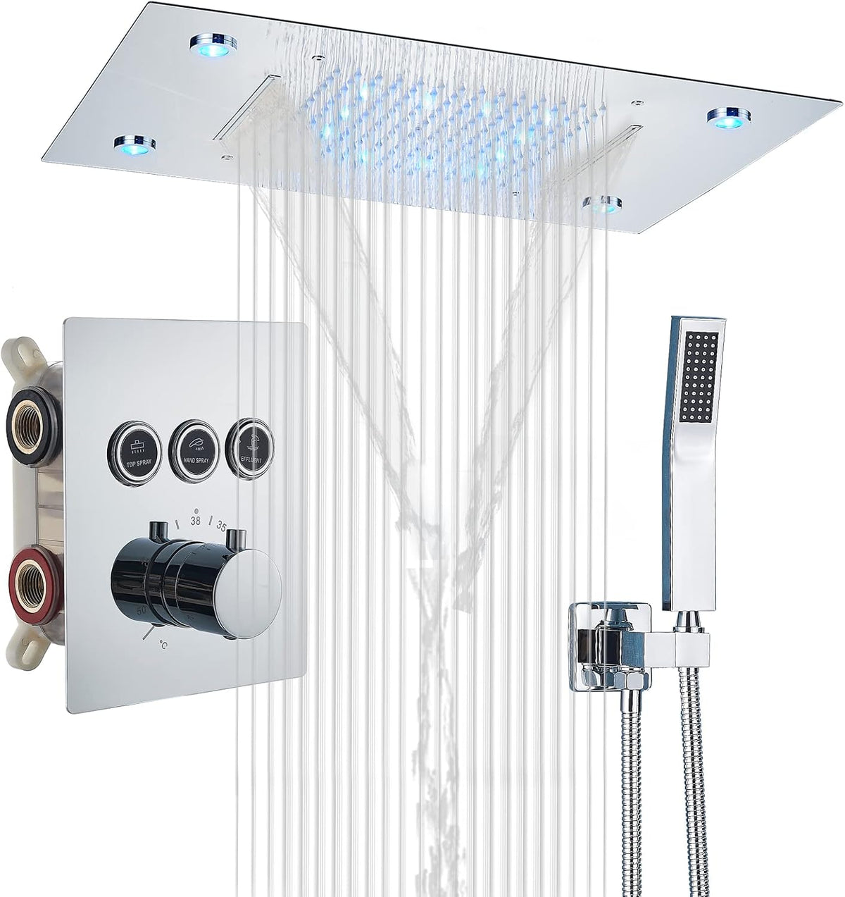 3 Functions Thermostatic Rain Shower Set with LED Shower Head Brushed Nickel Q3583