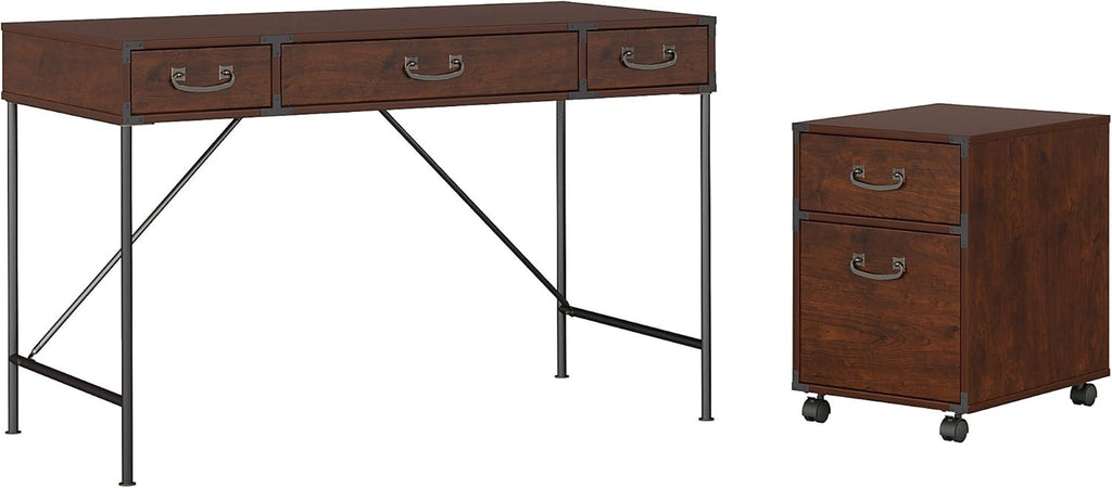 Vintage Golden Pine Writing Desk and 2 Drawer File Cabinet G553554