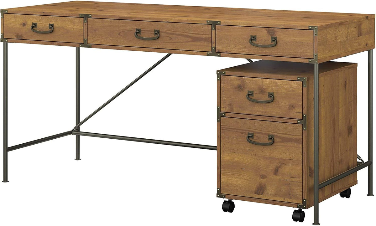 Vintage Golden Pine Writing Desk and 2 Drawer File Cabinet G553554